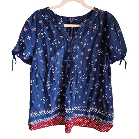 Talbots Shirt Women's Blue Red XL Short Sleeve Cold Shoulder Floral Lightweight - Picture 1 of 9